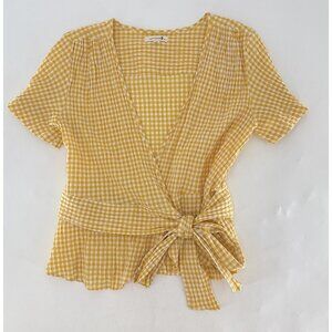 Max Studio Yellow Check Wrap Blouse Sz‎ L Boho Cottage Prairie Preppy Western
